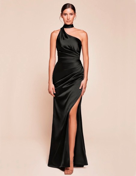 Satin long gown with asymmetrical neckline