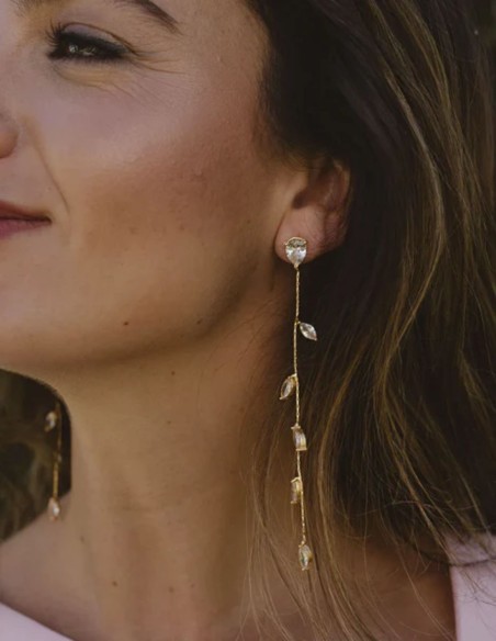 Long earrings with mini zirconia leaves