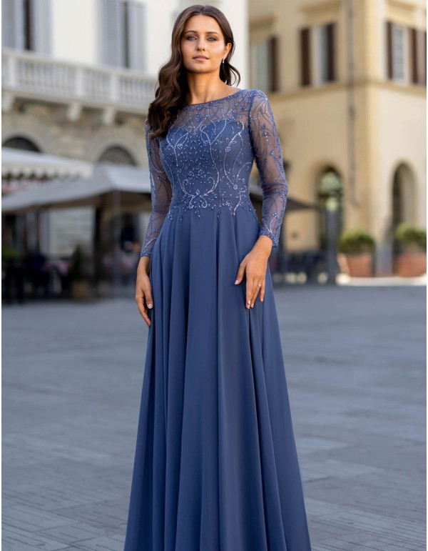 Vestido de fiesta largo con cuerpo de pedrería y manga francesa