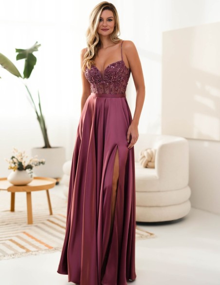 Long dress for guest with thin straps and rhinestones