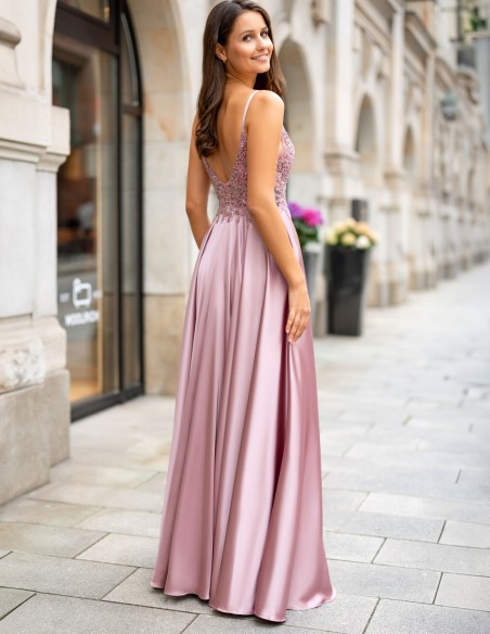 Long gown with semitransparent rhinestone bodice