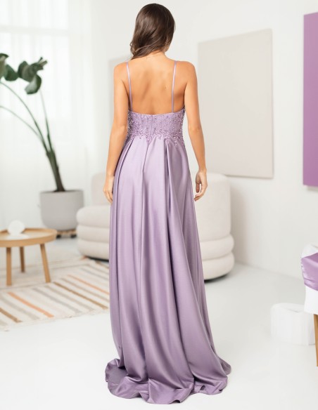 Long strapless ball gown with V-neckline and rhinestones