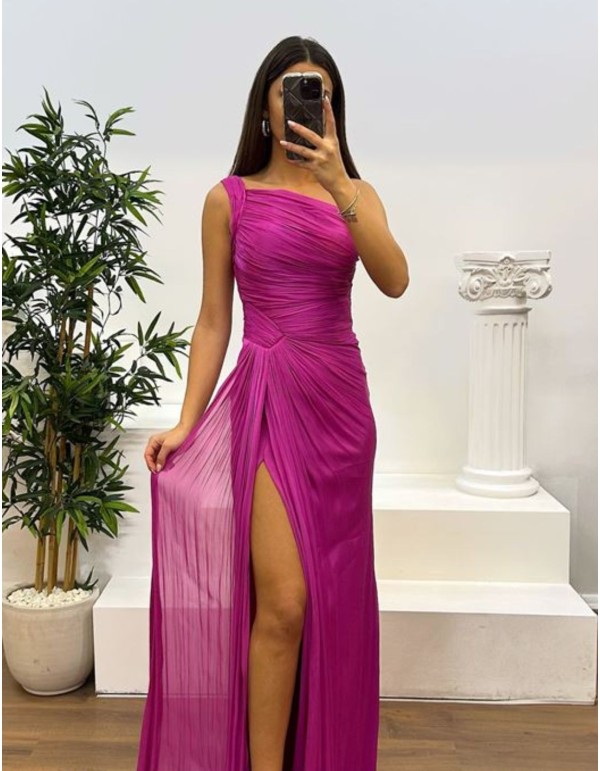 Long pleated party dress with asymmetrical neckline 2