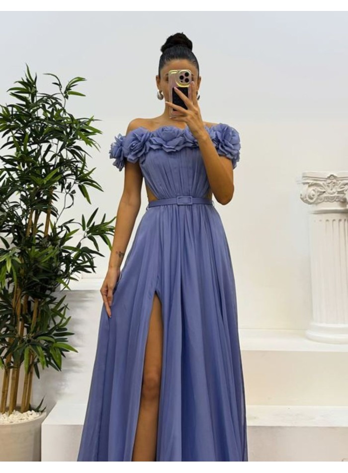 Long party dress with flower neckline and skirt...