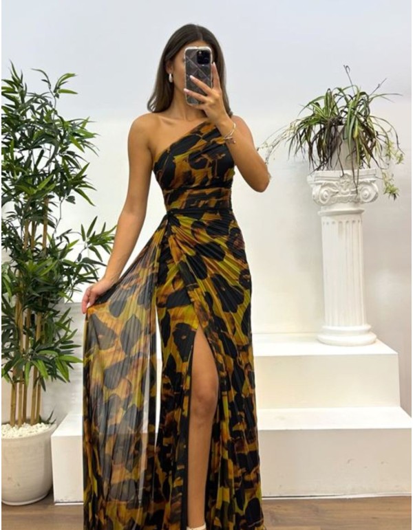 Robe longue en mousseline de soie imprimée avec encolure...