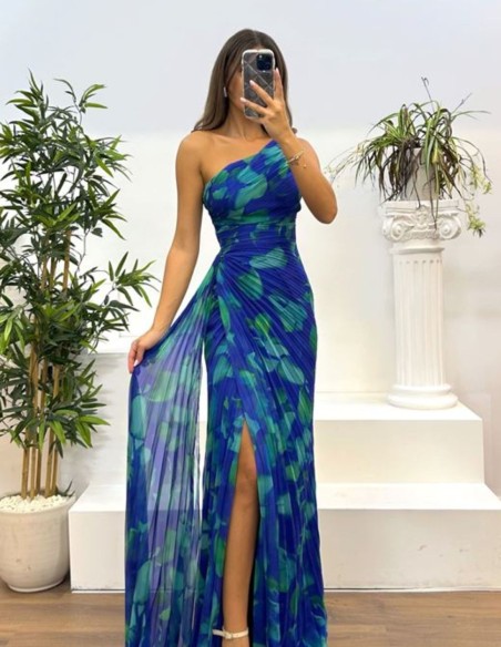 Robe longue en mousseline de soie imprimée avec encolure asymétrique