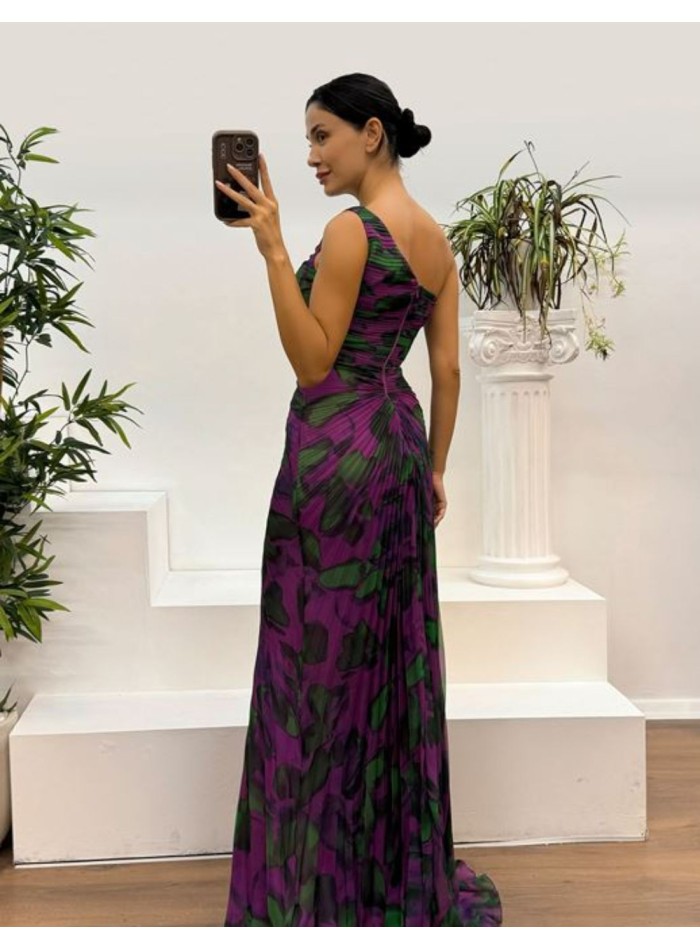 Vestido largo de gasa estampada con escote asimétrico para eventos de tarde