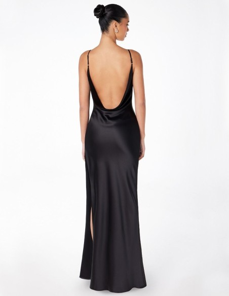 vestido de fiesta negro largo satinado para invitada a boda de tarde