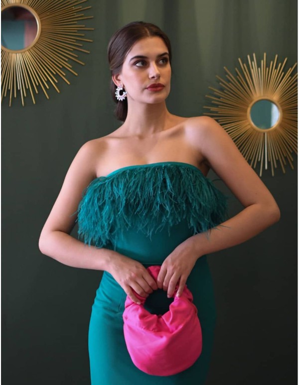 Midi party dress with feathered neckline