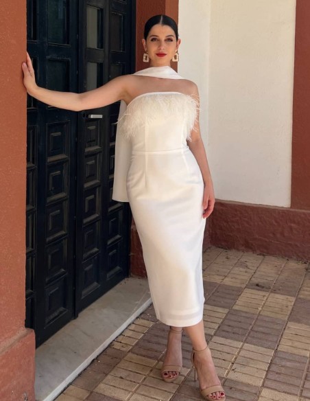 Midi party dress with feathered neckline