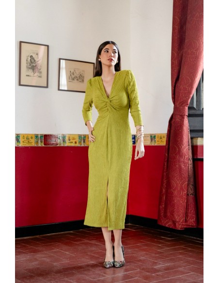 Pistachio green long dress with draped neckline