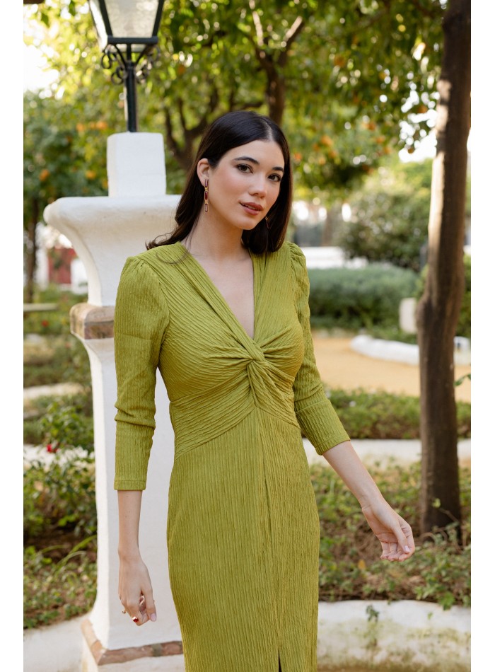 Pistachio green long dress with draped neckline