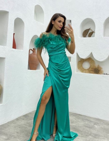 Long party dress with feathered bardot neckline and side slit