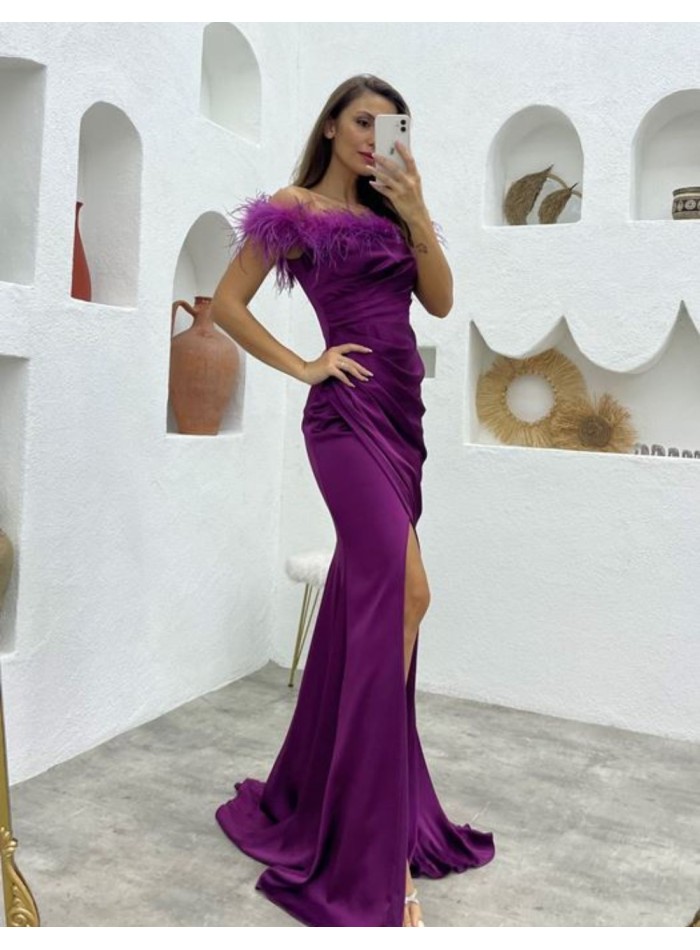 Long party dress with feathered bardot neckline...