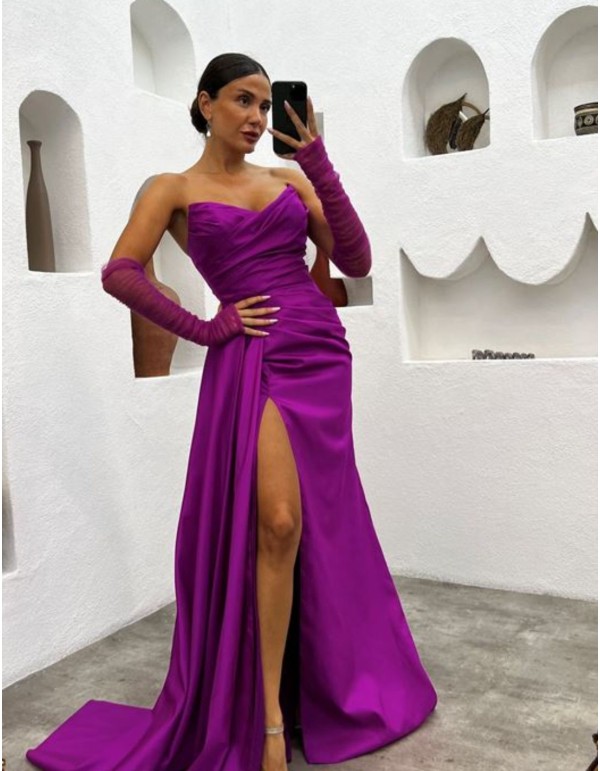 Vestido de fiesta largo palabra de honor con manguitos 2