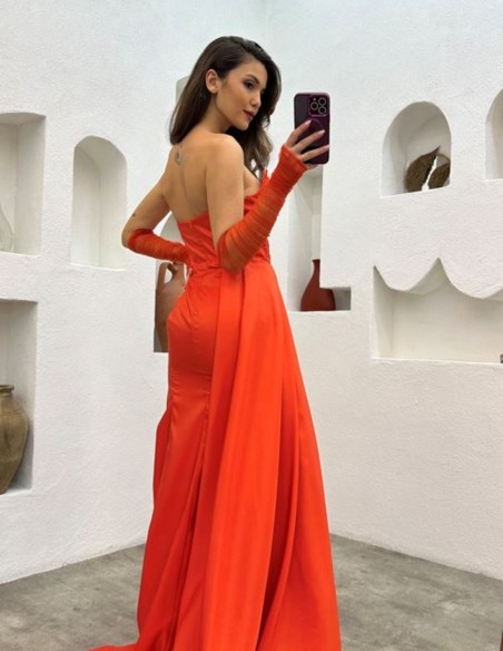 Strapless long evening dress with sleeves