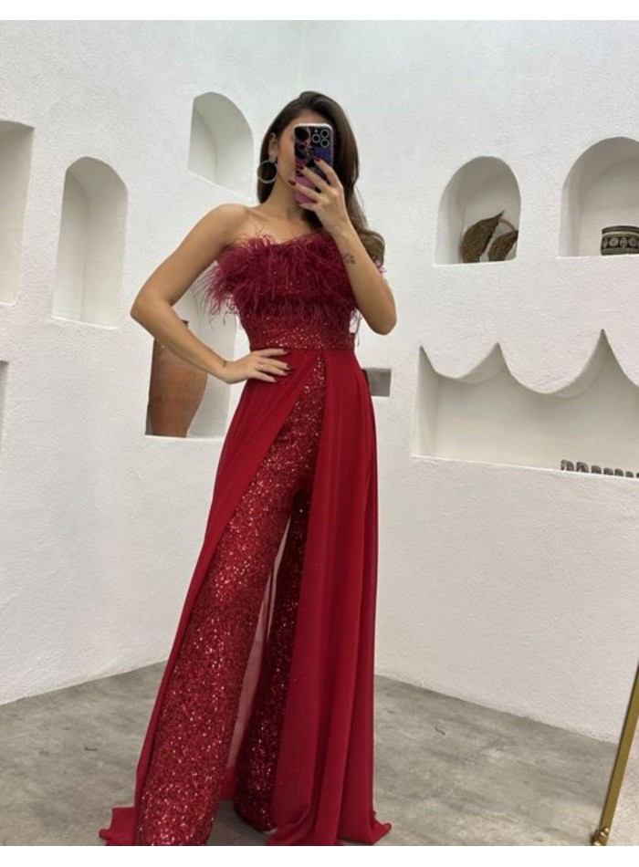 Sequin party jumpsuit with feathered neckline