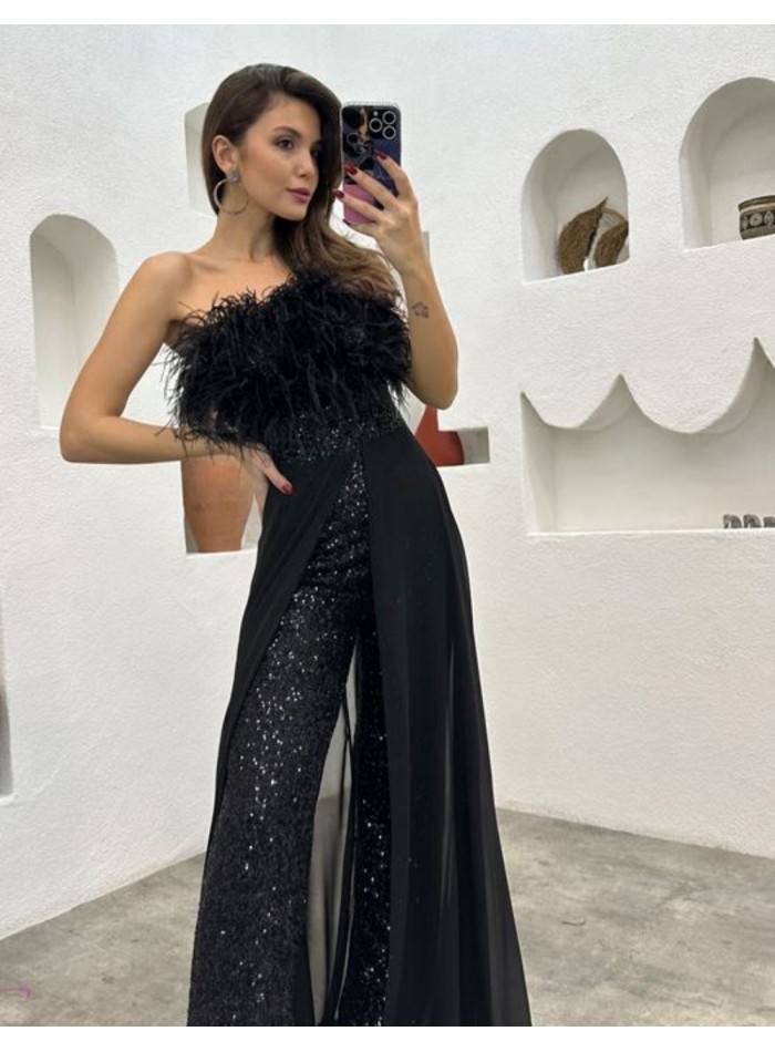 Sequin party jumpsuit with feathered neckline