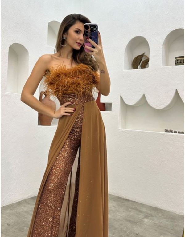 Sequin party jumpsuit with feathered neckline