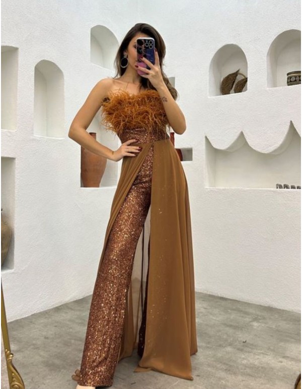 Sequin party jumpsuit with feathered neckline 2