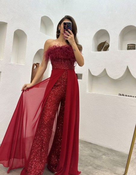 Sequin party jumpsuit with feathered neckline