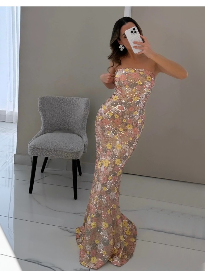 Long party dress for guest with sequined flowers