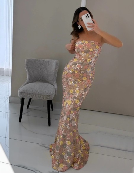 Long party dress for guest with sequined flowers