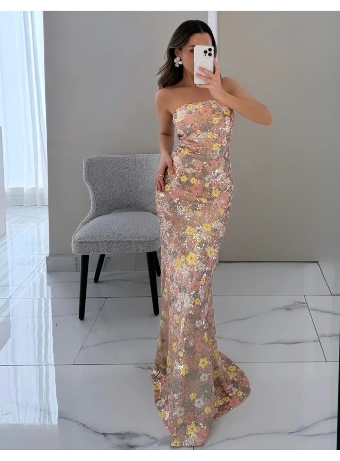 Long party dress for guest with sequined flowers