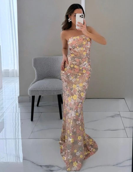 frontal del Vestido de fiesta para invitada con flores de lentejuelas para hermana del novio o la novia