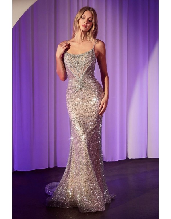 Long gown with nude and silver rhinestones and crystals