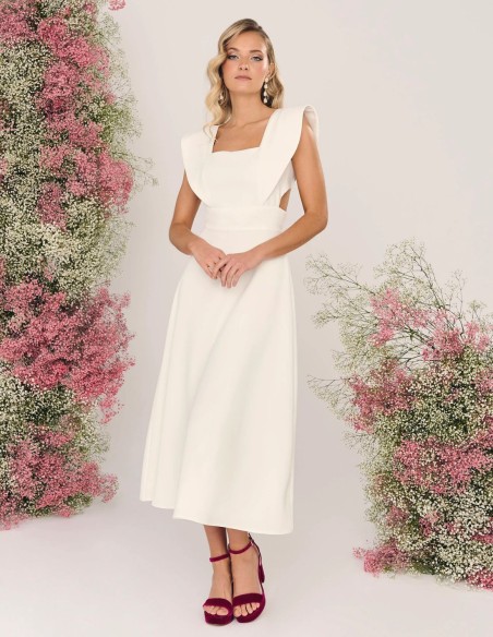 Vestido de novia midi con escote en espalda y botones frontales