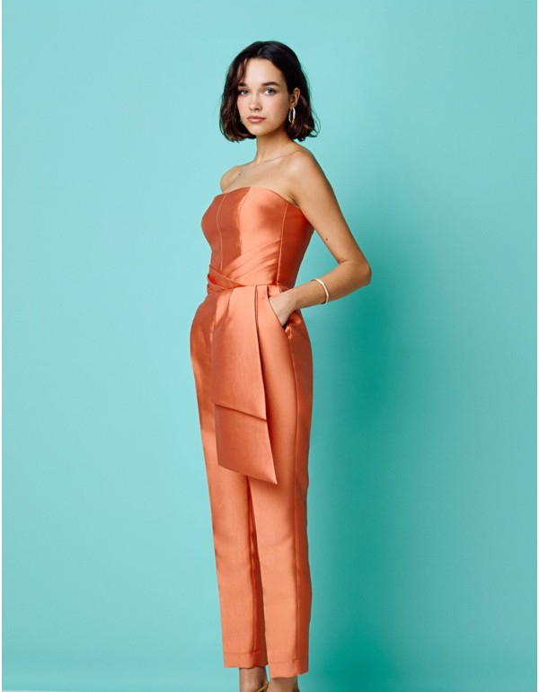Long peach party jumpsuit with strapless neckline 2