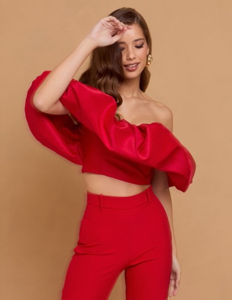 Top de fête rouge avec maxi bandeau à volants