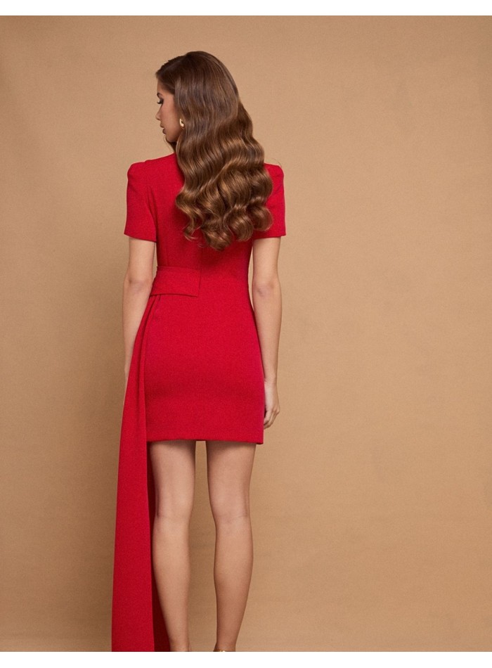 Vestido corto de fiesta rojo con manga corta y fajín lateral para eventos de mañana