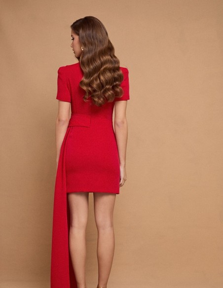 Vestido corto de fiesta rojo con manga corta y fajín lateral para eventos de mañana