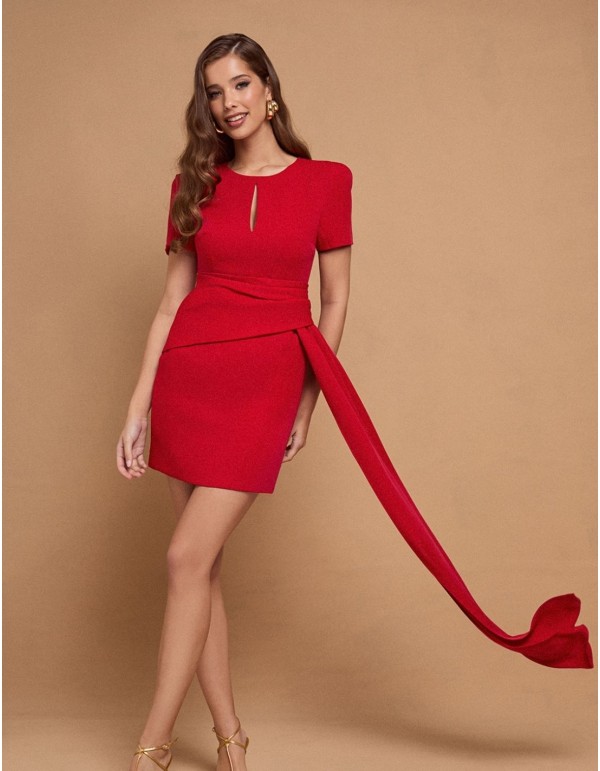 Robe de soirée rouge courte avec manches courtes et...