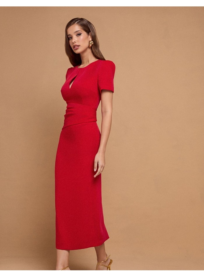 Robe de soirée midi rouge à manches courtes et...