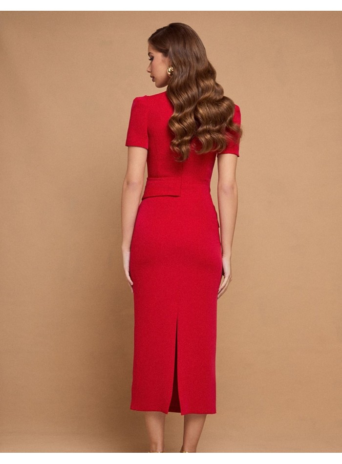 Robe de soirée midi rouge à manches courtes et...
