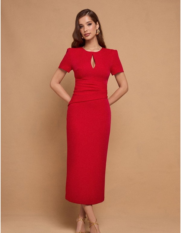 Red midi party dress with short sleeves and neckline slit