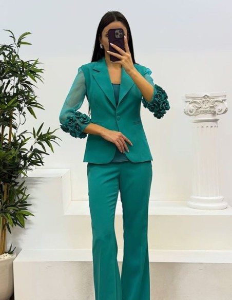 Suit with floral trimmed jacket and long pants