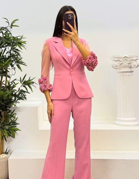 Suit with floral trimmed jacket and long pants