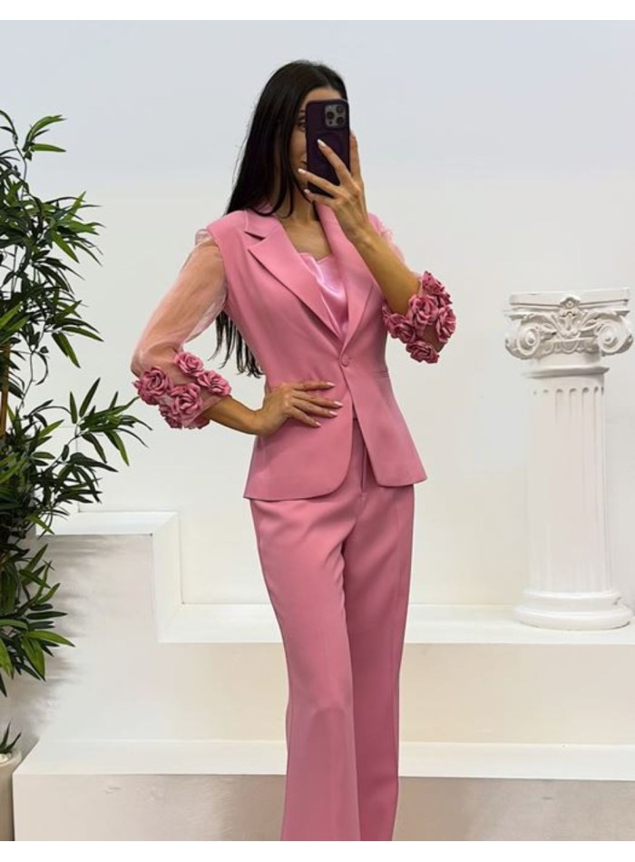 Suit with floral trimmed jacket and long pants