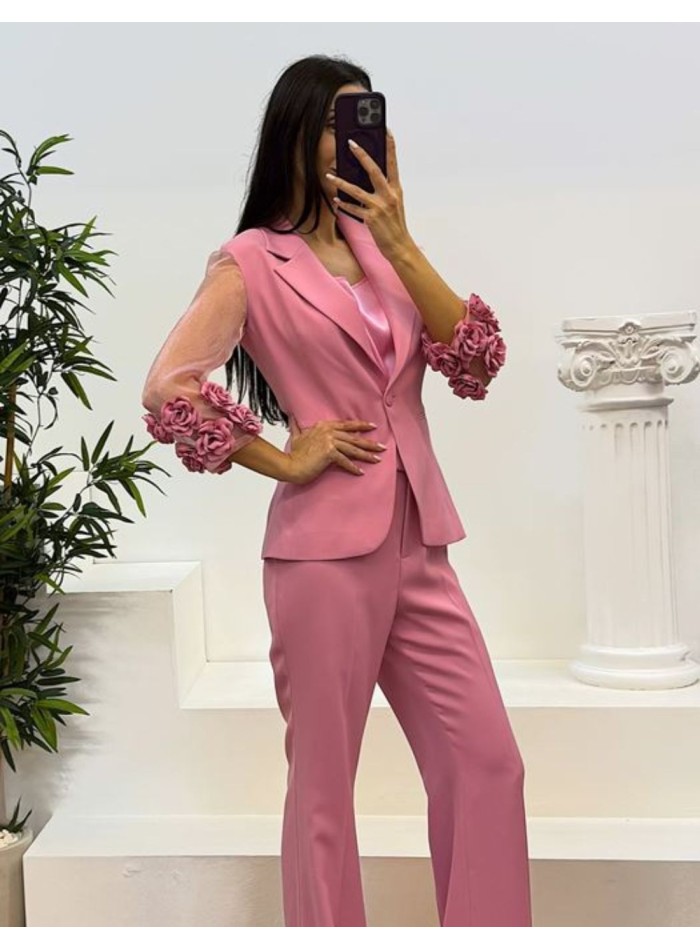 Suit with floral trimmed jacket and long pants