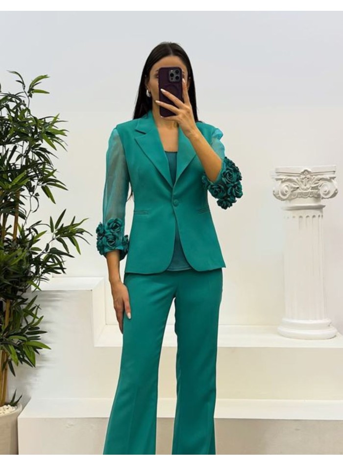 Suit with floral trimmed jacket and long pants