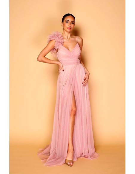 Long tulle dress with decorated shoulder for guest - Sandra Barneda
