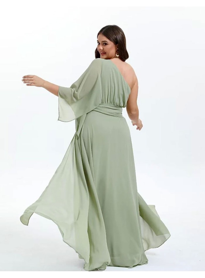 Long gown with asymmetrical chiffon neckline