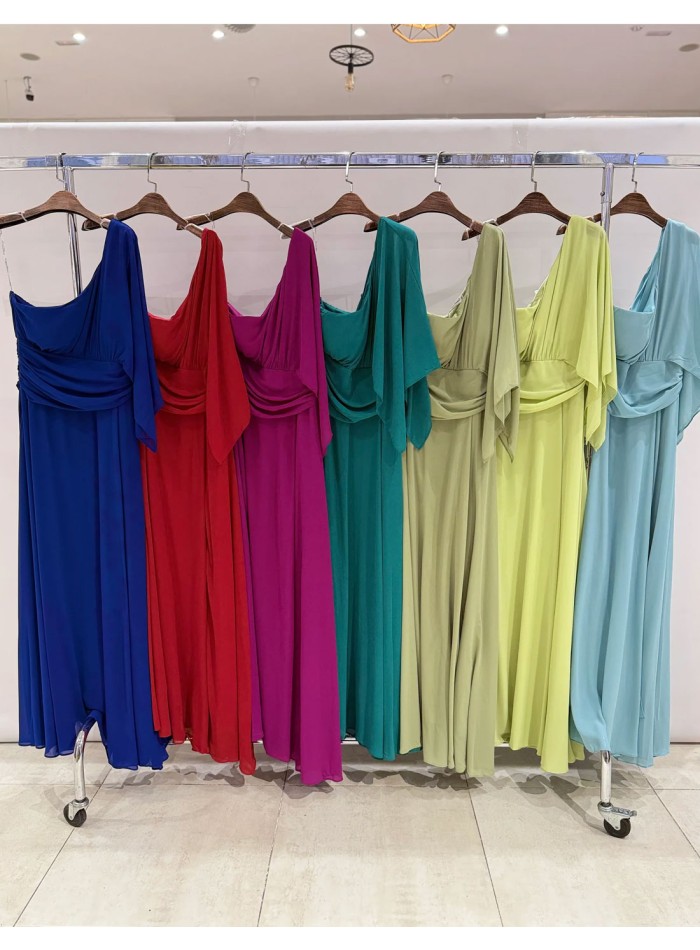 Long gown with asymmetrical chiffon neckline