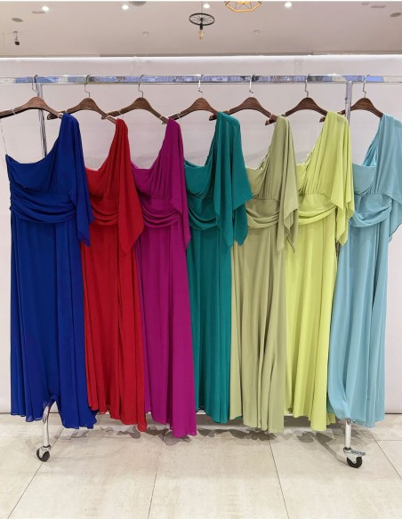 Long gown with asymmetrical chiffon neckline