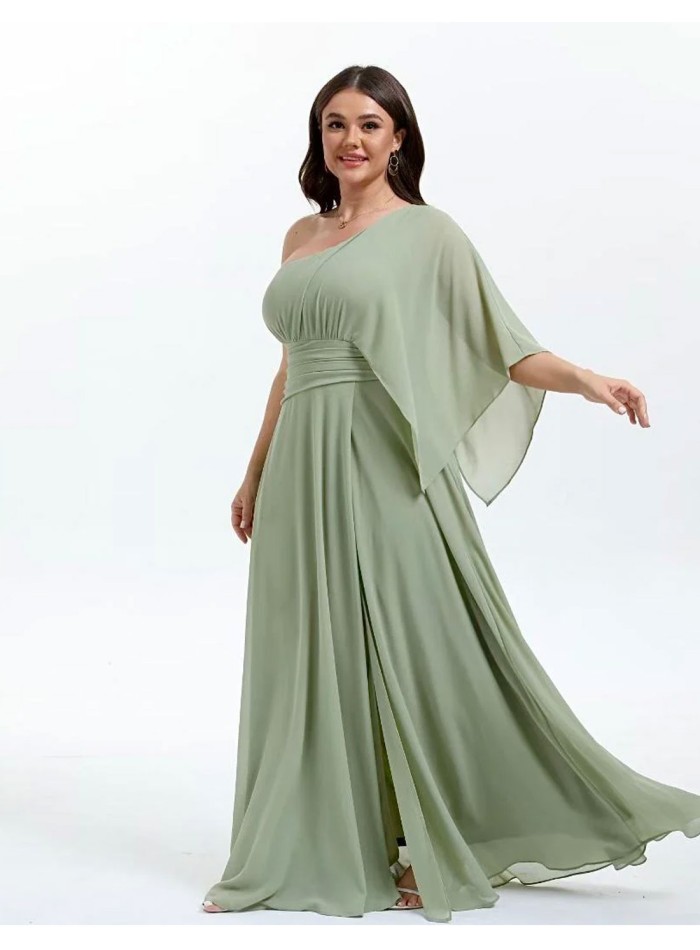 Long gown with asymmetrical chiffon neckline