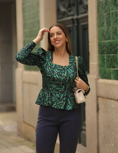 Printed blouse with peplum and square neckline